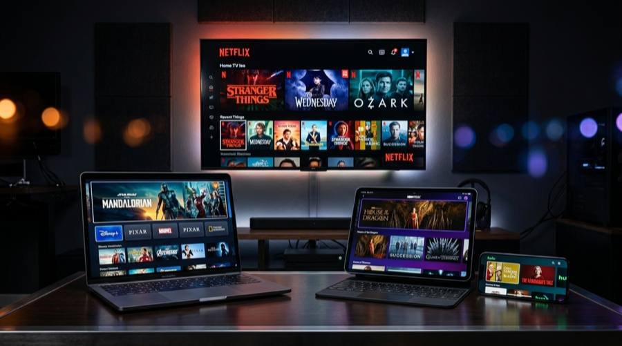 Person schaut Streaming-Dienst auf dem Sofa